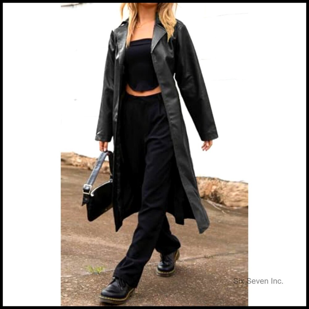 Slim Fit Faux Leather Trench Coat, Button Closure, Long Sleeve Ankle Length - Picture 5 of 5